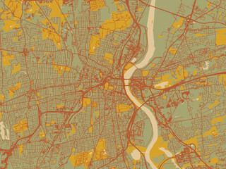 Vector-style flat map of Hartford, Connecticut with sage/olive tone field with rust networks and ochre shapes, cream water.