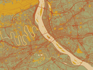 Vector-style flat map of Harrisburgh, Pennsylvania with muted sage base, rust-colored roads, and soft ochre highlights.