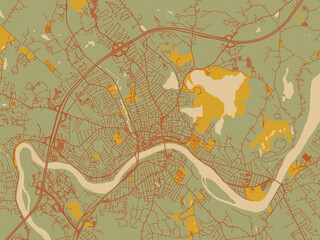 Decorative flat city map of Haverhill, Massachusetts using muted sage base, rust-colored roads, and soft ochre highlights.