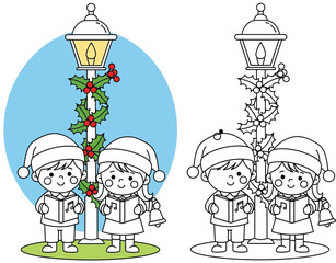 Cute Cartoon Kids Christmas Caroling by Lamppost with Holly - Coloring Page Included