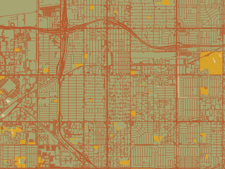 Modern flat map poster of Hawthorne, California in muted sage base, rust-colored roads, and soft ochre highlights.