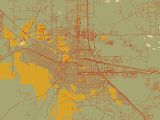 Abstract flat-design map of Helena, Montana, featuring sage/olive tone field with rust networks and ochre shapes, cream water.