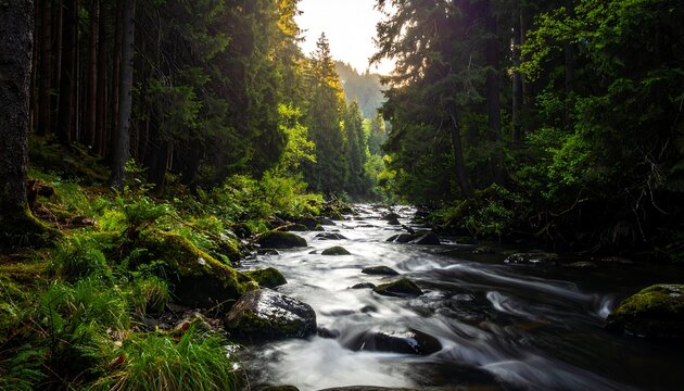 Sunlight streams through a lush forest, illuminating a rushing river - Powered by Adobe