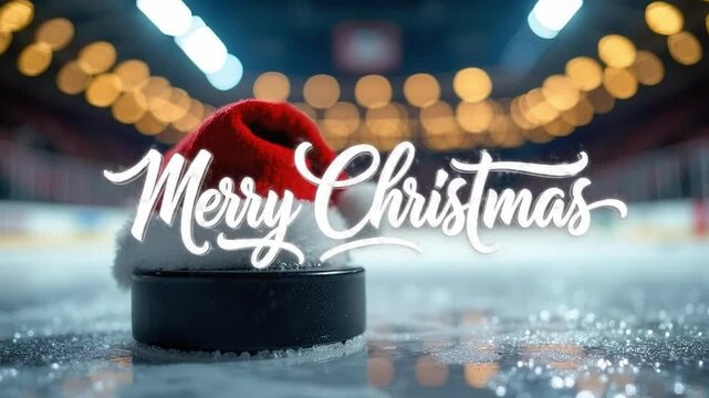 A festive ice hockey scene featuring a puck adorned with a Santa hat, evoking a joyful holiday spirit.