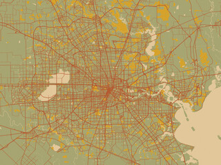 Poster-ready flat map of Houston Metro, Texas, sage green ground with rust-red roads and ochre accents.