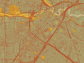 Abstract flat-design map of Houston Center, Texas, featuring sage green ground with rust-red roads and ochre accents.