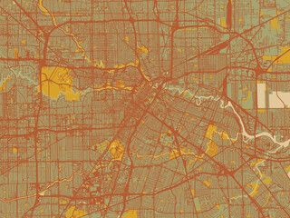 Vector-style flat map of Houston, Texas with muted sage base, rust-colored roads, and soft ochre highlights.