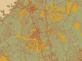 Vector-style flat map of Huntersville, North Carolina with sage green ground with rust-red roads and ochre accents.