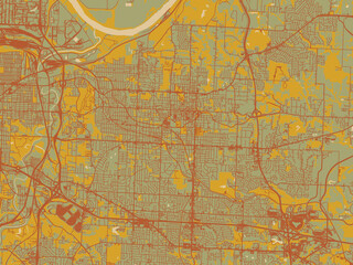 Obraz premium Graphic flat color map of Independence, Missouri in muted sage base, rust-colored roads, and soft ochre highlights.