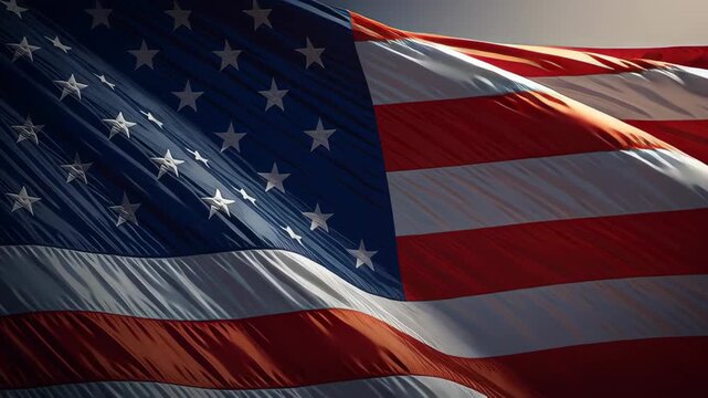 The American flag waving in a bright sunset background.