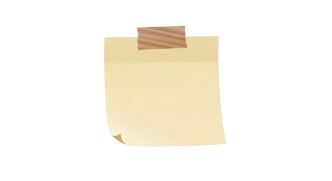 A small beige sticky note with a piece of brown tape on top, flat-lay view, simple shadow, realistic paper texture, minimalist memo aesthetic, isolated element