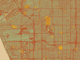 Stylized minimalist map of Inglewood, California in earthy sage background with rust roadways and ochre details.