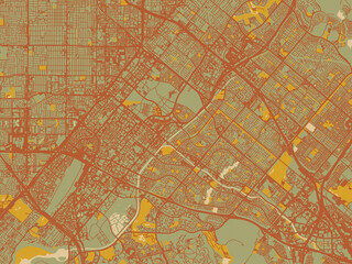 Modern flat map poster of Irvine, California in sage/olive tone field with rust networks and ochre shapes, cream water.