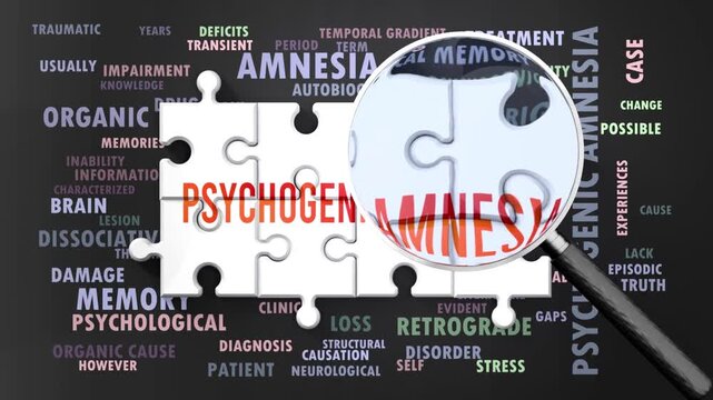 Psychogenic Amnesia under magnifying glass, being researched, studied and examined. Most important subjects and ideas closely related to psychogenic amnesia written around a puzzle.Can be looped.
