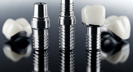 Closeup three dental implants and porcelain crowns arranged on reflective dark surface, symbolizing modern restorative dentistry and tooth replacement solutions