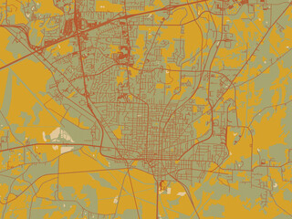 Contemporary flat map of Jackson, Tennessee rendered with olive backdrop with warm rust street network and ochre blocks.