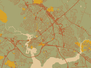 Vector-style flat map of Jacksonville, North Carolina with earthy sage background with rust roadways and ochre details.