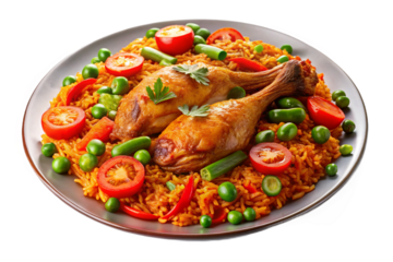Nigerian Jollof Rice with garnished vegetables and chicken, On white plate with transparent background