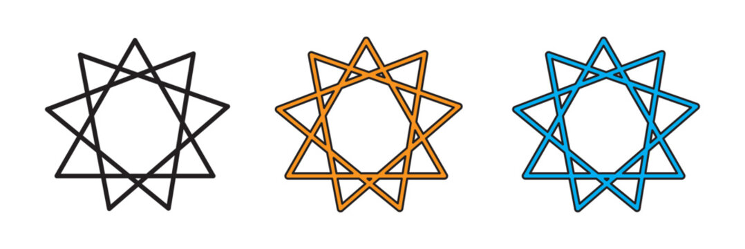 Bahai star. Black linear Baha'i symbols set. nine pointed star bahai symbol set. Religious symbol of Bahaism. Vector illustration.