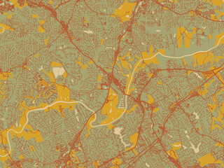 Graphic flat color map of Johns Creek, Georgia in olive backdrop with warm rust street network and ochre blocks.