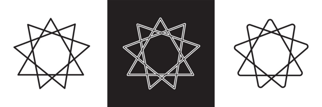 Bahai star. Black linear Baha'i symbols set. nine pointed star bahai symbol set. Religious symbol of Bahaism. Vector illustration.