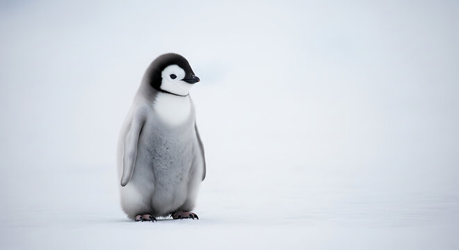 Adorable fluffy baby emperor penguin stands alone on a bright white snowy background