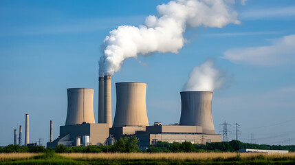 Obraz premium Power Plant: Emissions & Landscape. Large industrial complex emitting steam against blue sky. Environmental impact vs. energy production.