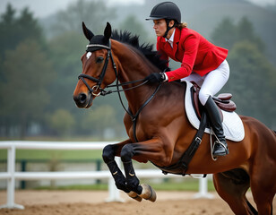 Female rider guides strong brown horse in mid air jump. Equestrian sport competition action in sandy outdoor arena. Athletic woman, powerful animal perform show jumping event. Horse wears bridle,