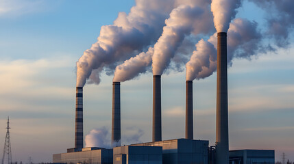 Industrial Complex: A sprawling industrial facility with towering smokestacks against a dusk sky, billowing smoke in to the air.