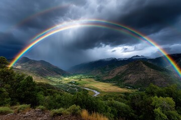 Stunning rainbow arches over mountains and valley during rainstorm in early evening