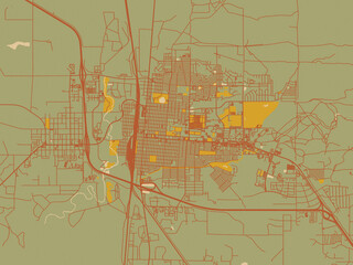 Vector-style flat map of Laramie, Wyoming with olive backdrop with warm rust street network and ochre blocks.