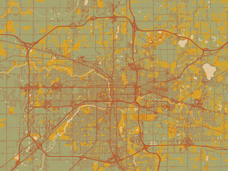 Flat painterly map of Lansing, Michigan in sage green ground with rust-red roads and ochre accents.