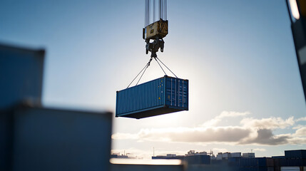 A cargo container is lifted by a crane against a bright, sunny sky. Other containers are visible in the background at a shipping terminal.