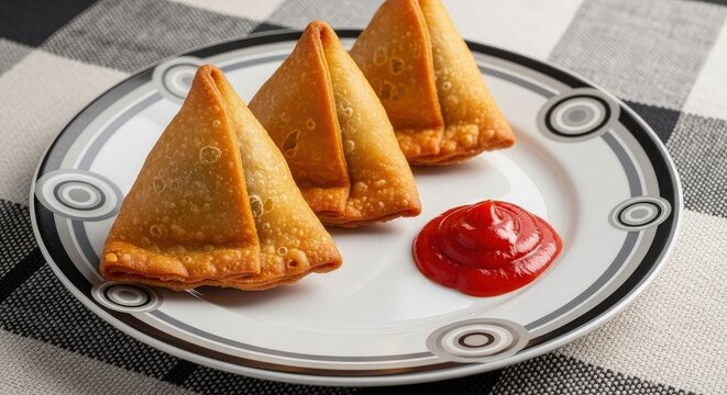 Three golden singara served with a dollop of ketchup on a plate