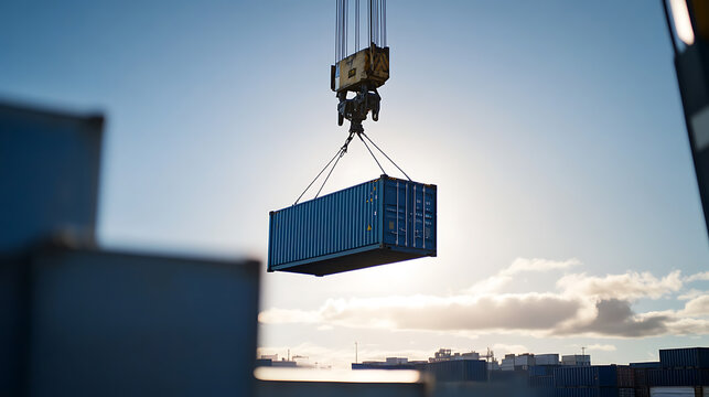 A cargo container is lifted by a crane against a bright, sunny sky. Other containers are visible in the background at a shipping terminal.