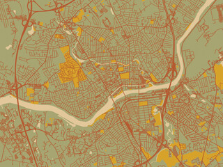 Graphic flat color map of Lawrence, Massachusetts in earthy sage background with rust roadways and ochre details.
