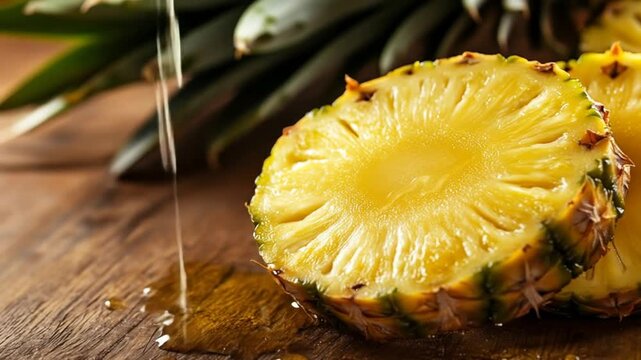 Fresh pineapple slices on wooden surface with green leaves