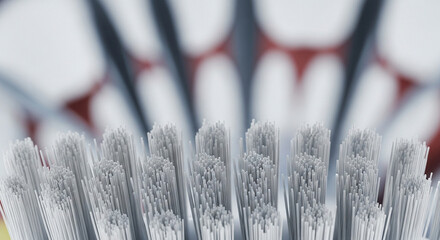 Extreme closeup the bristles toothbrush, showing their fine texture and arrangement, suggesting cleaning, hygiene, and personal care routines