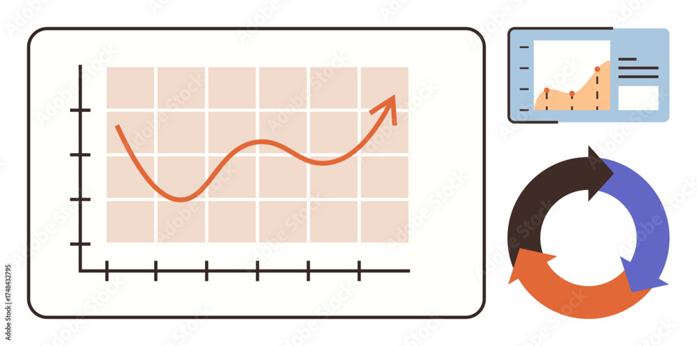 Wall mural line chart with rising arrow on a grid, data dashboard with metrics, and circular arrows symbolizing