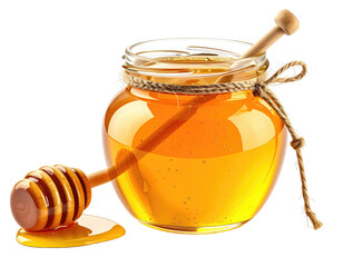 Honey in a glass jar with a wooden dipper