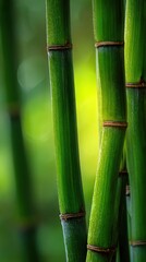 Close up of vibrant green bamboo stalks with soft bokeh background