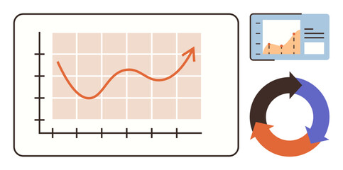 Fototapeta na wymiar Line chart with rising arrow on a grid, data dashboard with metrics, and circular arrows symbolizing continuous improvement. Ideal for business, progress, strategy, analytics, planning, development
