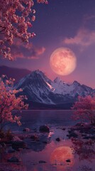 Dreamy twilight landscape with a large moon over mountains and a reflective lake