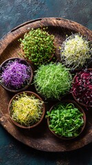 Variety of colorful sprouts in small bowls on a wooden platter