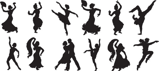 Collection of diverse dance silhouettes, including ballet, flamenco, and modern styles, isolated on transparent background