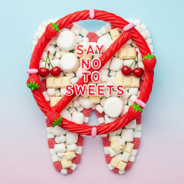 Tooth shape is created from various candies and sweets, with the words say no to sweets prominently displayed, emphasizing dental care and healthy eating habits