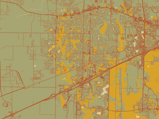 Flat painterly map of Madison, Alabama in sage green ground with rust-red roads and ochre accents.