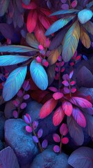 Vibrant alien plant life with glowing pink and blue leaves among dark rocks