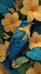 Vibrant blue bird perched among tropical yellow flowers and lush green foliage