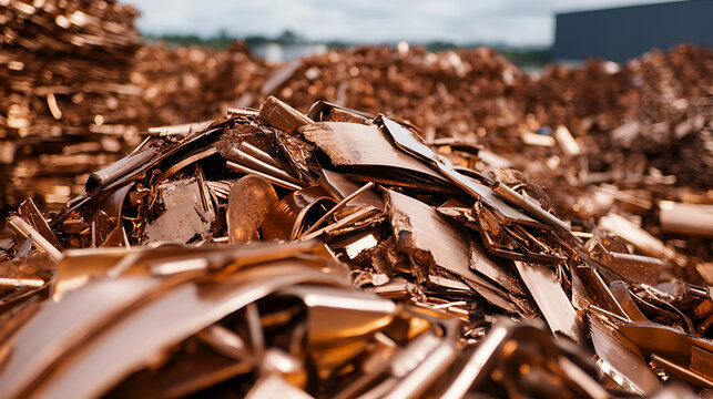 Scrap metal pile with a warm, orange hue. Material is of various shapes and sizes. Recycling or industrial use.